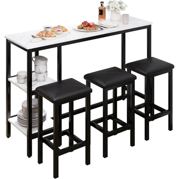 4-Piece Bar Table and Chairs Set, 57.1” Faux Marble Behind Couch Table with 3 Upholstered PU Stools and 2 Tier Storage Shelves, Space-Saving Bar Tables with Stools for Home, Apartment (Black)