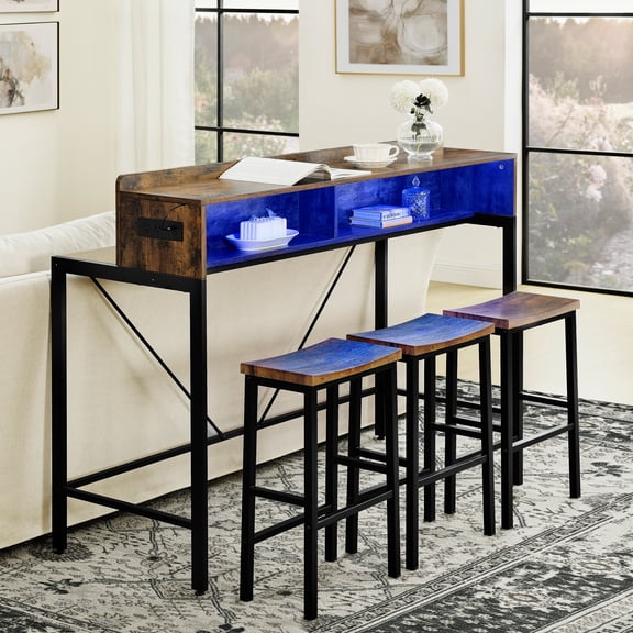 4 Piece Bar Table and Chairs Set, 59" Counter Height Bar Table with Power Socket, LED Light and 3 Saddle Stools, Industrial Breakfast Table for Living Room Dining Room (Brown)