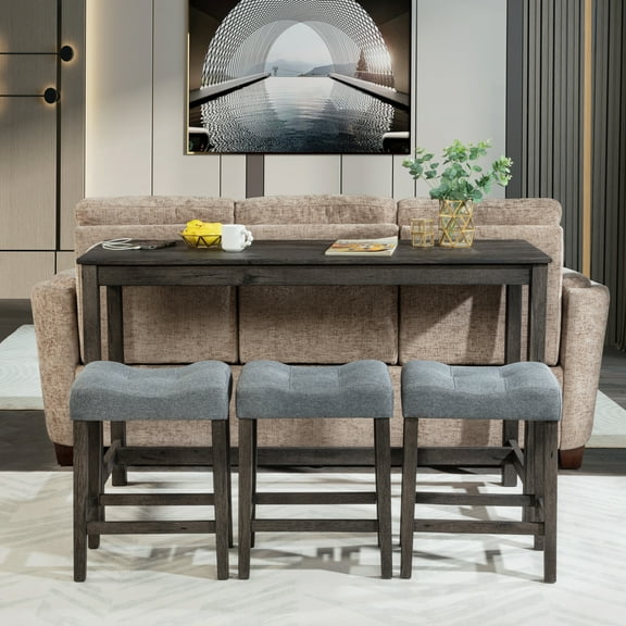 4-Piece Bar Table, Pub Table Set with Power Outlet, Narrow High Top Table With 3 Padded Stools, Dining Bar Table And Chairs Set For Home Office Kitchen