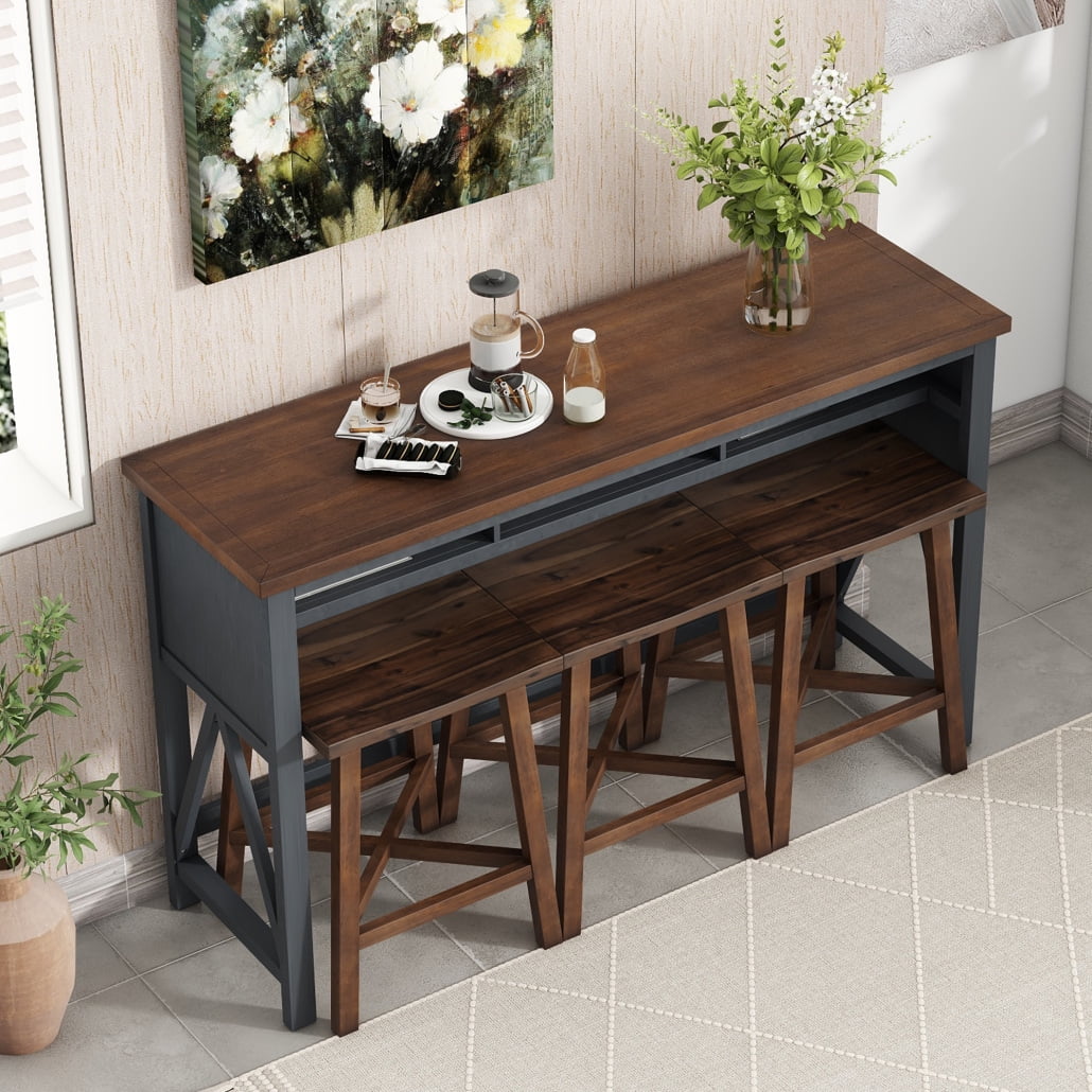 "Farmhouse High Top 4-Piece Kitchen Bar Table Set with 3 Stools & 60 ...