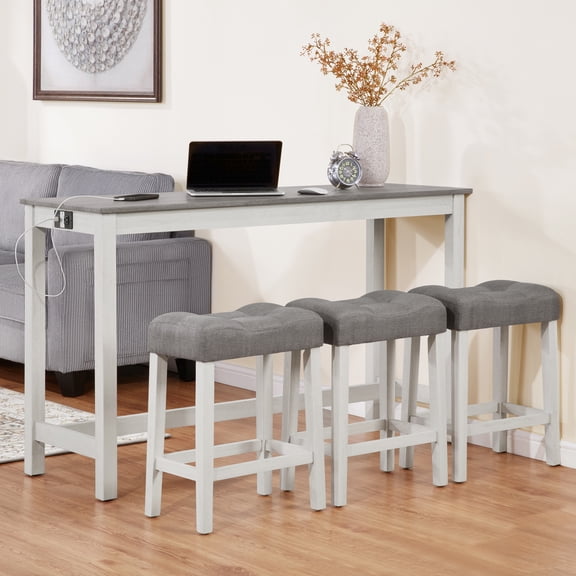 4-Piece Bar Table Set, Counter Height Table Set with 3 Padded Stools & Power Outlet for Kitchen Apartment Bistro, White