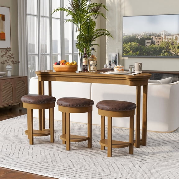 4 Piece Bar Table Set, Industrial Breakfast Table with 3 PU Leather Padded Stools, Solid Wood Counter Height Dining Table Set for Living Room, Natural