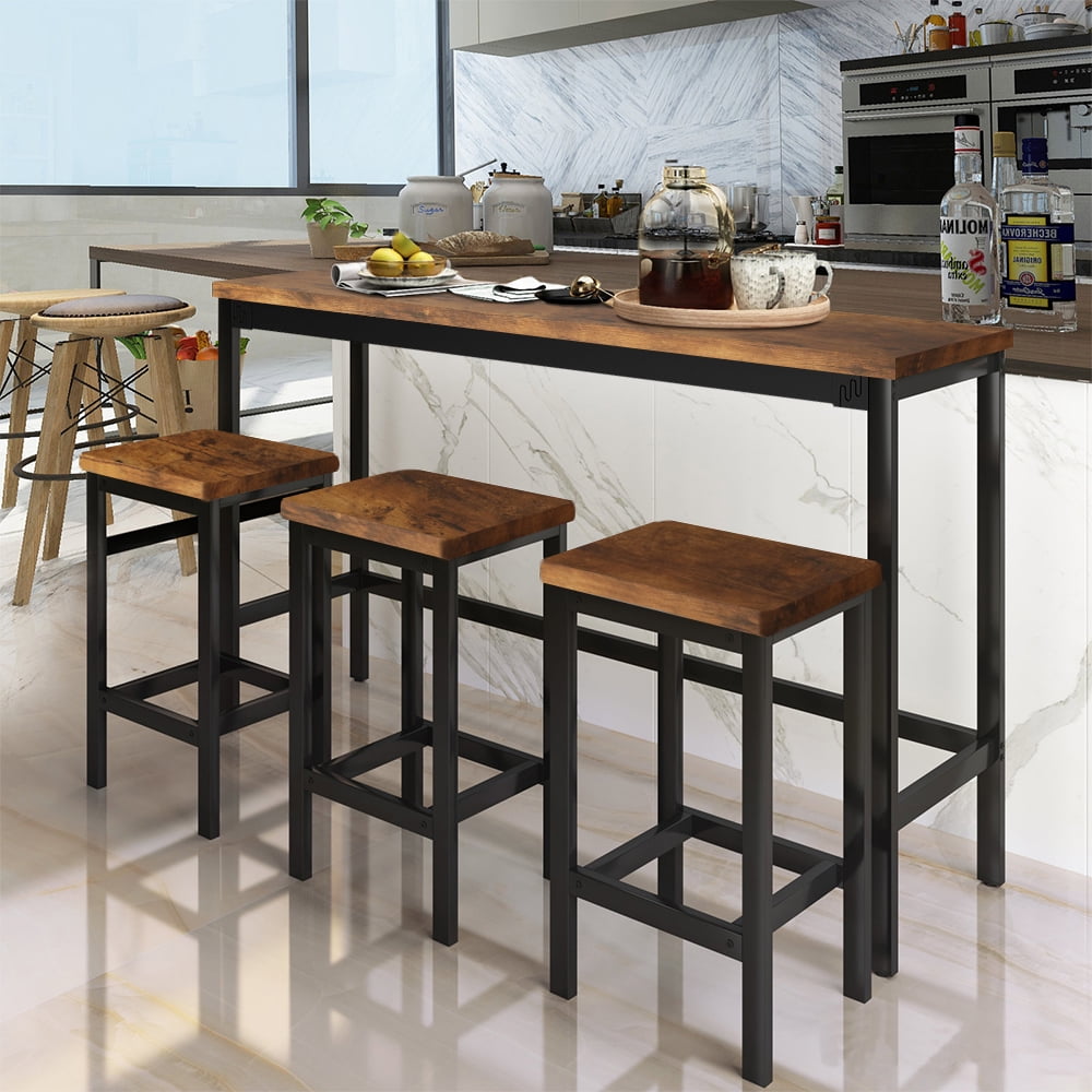 4 Piece Bar Table Set, Kitchen Counter Height Table with 3 Stools