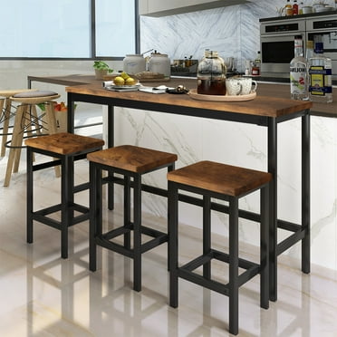 4 Piece Bar Table Set, Kitchen Counter Height Table with 3 Stools, Space Saving Pub Table Set for 3 Person with Metal Frame, Wood Dining Table & Chair Set for Breakfast Nook Pub Bistro, B1392