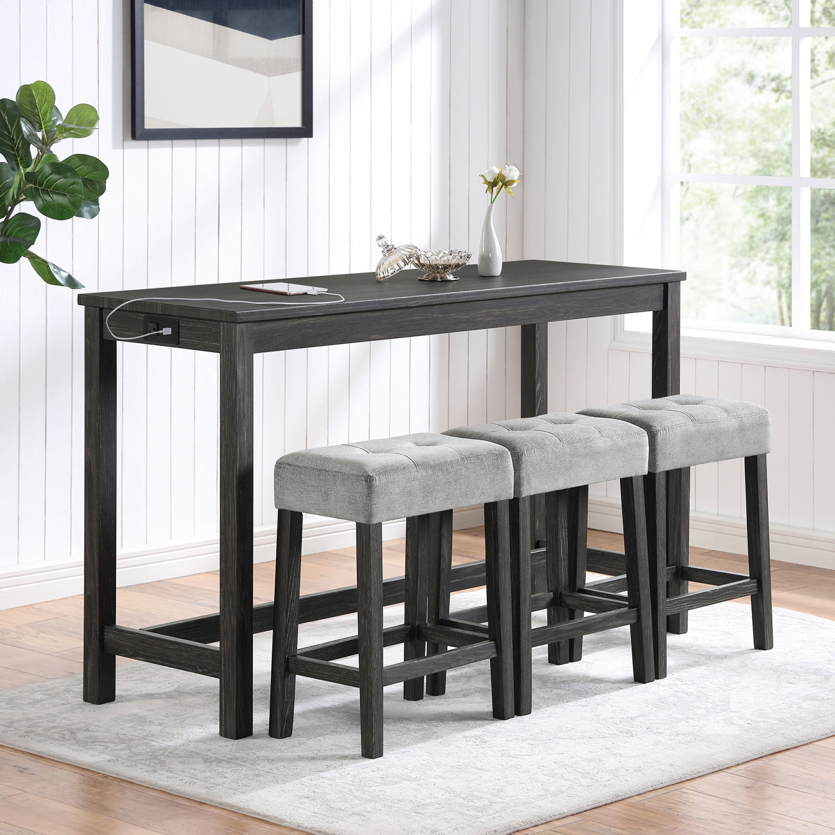 High Kitchen Wood Top 4 Piece Bar Table Set with Power Outlet, Space ...