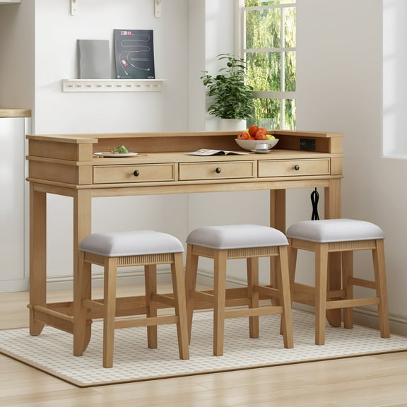 4 Piece Bar Table Set with Power Outlet, Industrial Breakfast Table with 3 Padded Stools and 3 Storage Drawers, Counter Height Dining Bar Table and Chairs Set for Living Room, Natural