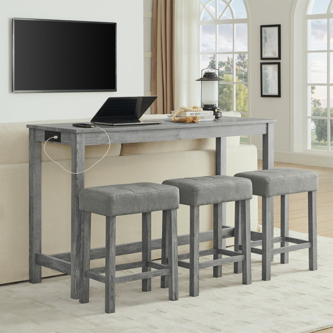 4-Piece Bar Table Set with Built-In Power Outlet, Grey Counter Height ...
