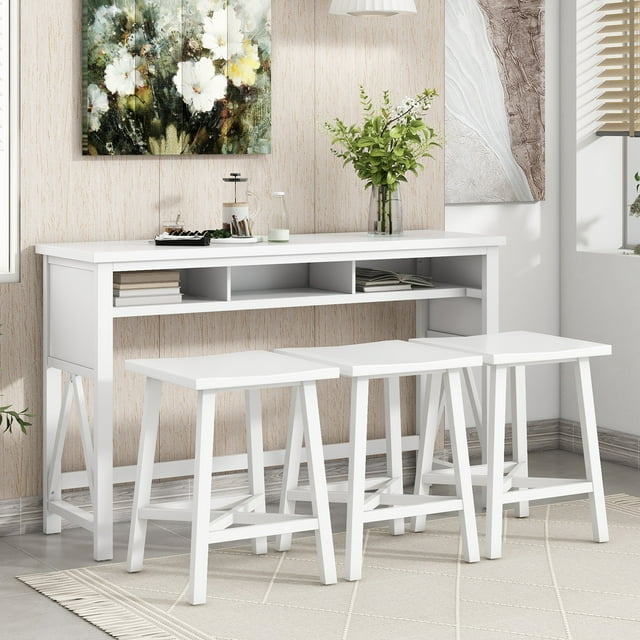 4-Piece Bar Table with Stools, Farmhouse Pub Table Set, Counter Height