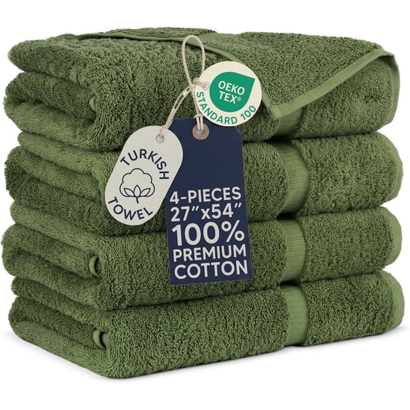 4-Piece Bath Towel Set 100% Cotton 27x54 Inches Moss Green
