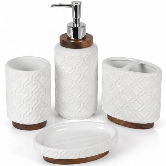 4 Piece Bathroom Accessories Set A-white Ceramic Bath Accessory Set with Wood Accents