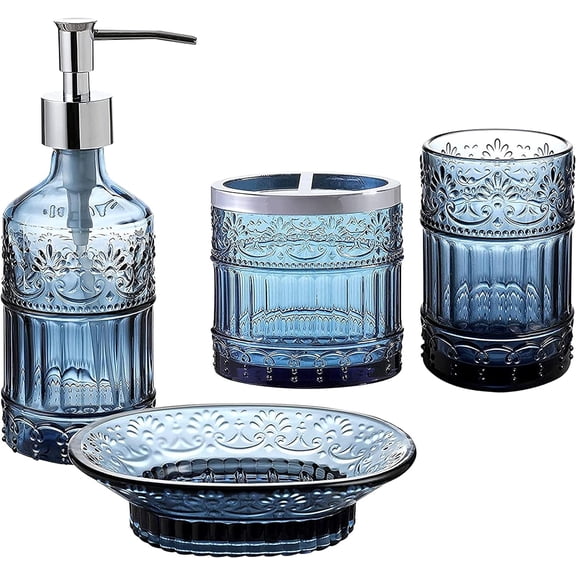 4-Piece Bathroom Accessories Set - Blue Glass Decor Set - WHOLE HOUSEWARES Soap Dispenser, Toothbrush Holder, Vanity Tray and Jar - Elegant Boho Bathroom Countertop Organizer