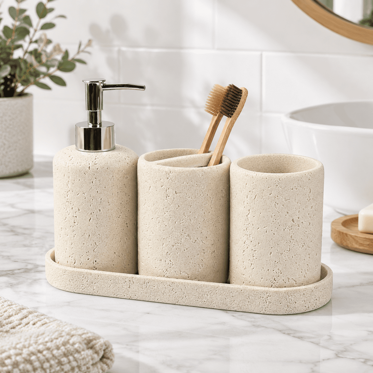 4-Piece Bathroom Accessories Set Cream Beige Travertine Stone Look for ...
