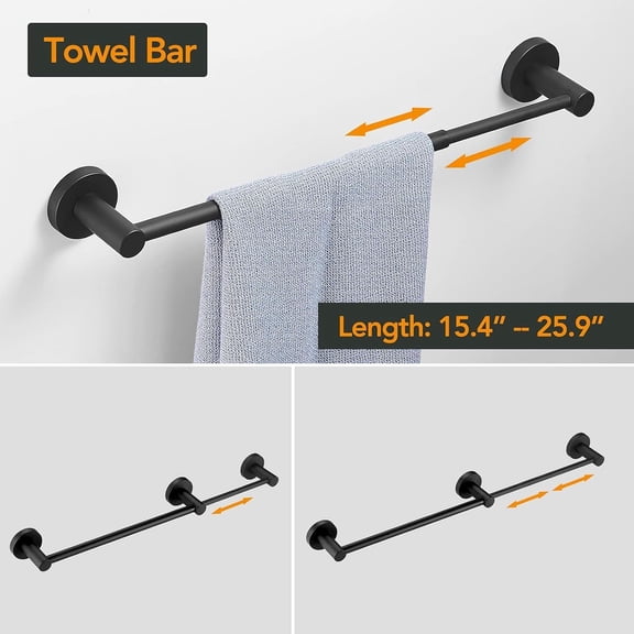 4 Piece Bathroom Accessories Set Hardware Set (Adjustable Double Towel Bar, Hand Towel Holder, Toilet Paper Holder, Towel Hook) Bath Fixtures Set Wall Mounted SUS304 Stainless Steel Matte Black