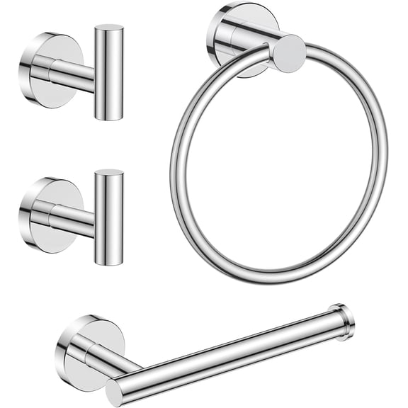 4 Piece Bathroom Accessories Set, Matte Black Stainless Steel Toilet Paper Holder, Towel Ring and 2 Towel Hooks, Wall Mounted Hardware