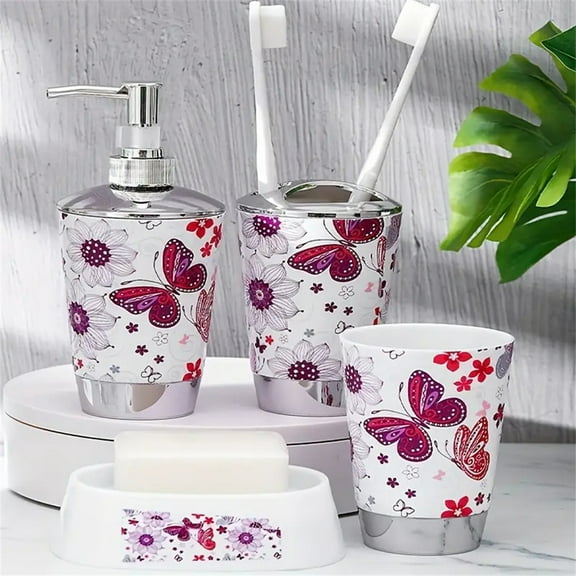 4-Piece Bathroom Accessories Set Waterproof Plastic Lotion Bottle Toothbrush Holder Mouthwash Cup Soap Box Print Style Modern Style Home Hotel