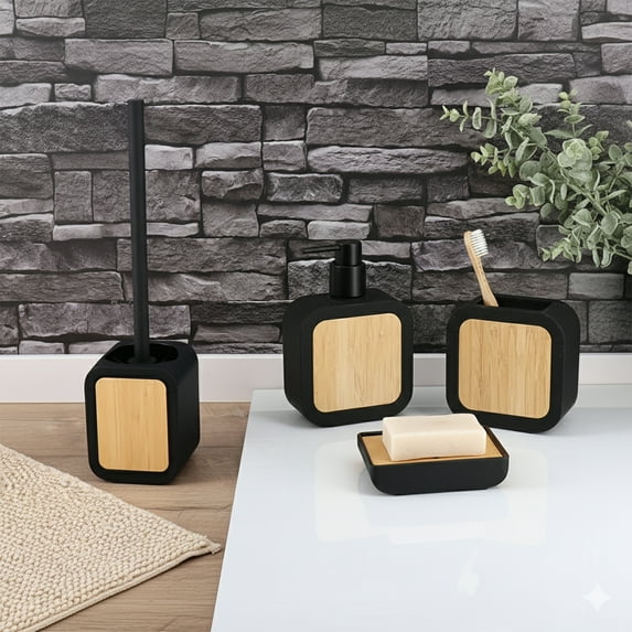 4-Piece Bathroom Accessory Set Black Rubber and Bamboo