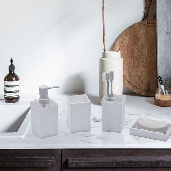 4 Piece Bathroom Accessory Set - Soap Dispenser, Toothbrush Holder, Tumbler, Soap Dish - Modern White/Gray Plastic - Countertop Organizer for Home, Hotel, Housewarming Gift
