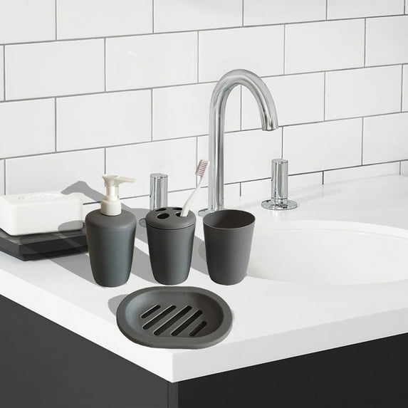 4 Piece Bathroom Accessory Set Soap Dispenser Toothbrush Holder Tumbler Soap Tray Modern Plastic Durable Odorless Countertop Organizer for Home Hotel Gray Beige