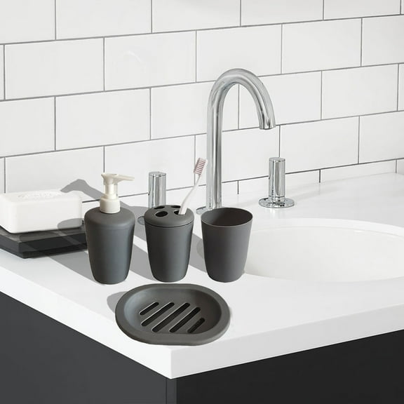 4-Piece Bathroom Accessory Set | Soap Dispenser, Toothbrush, Tumbler & Soap | Modern Plastic Set for Home, Hotel or Guest Bathroom