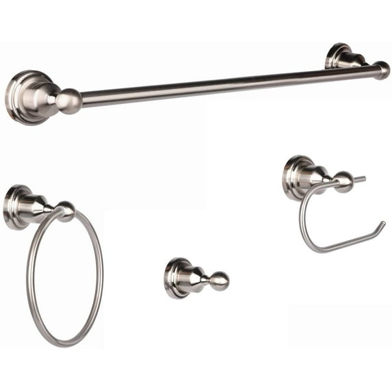 4-Piece Bathroom Hardware Accessory Set Brushed Nickel, Wall Mounted Bath Accessory, Towel Rack Set Includes 25″ Towel Bar + Towel Ring + Toilet Paper Holder + Multi-Purpose Towel Hook