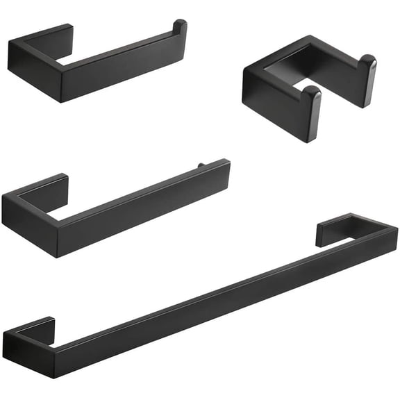 4-Piece Bathroom Hardware Accessory Set with 24" Towel Bar Towel Ring Paper Holder Robe Hook Matte Black