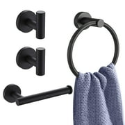 Lnrkai 4 Piece Bathroom Hardware Set, Stainless Steel Towel Racks, Towel Ring & Toilet Paper Holder, Wall Mounted Bath Set, Black