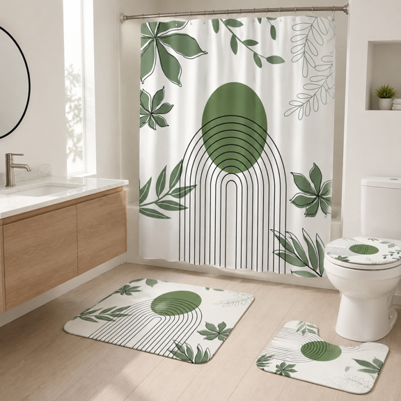 4-Piece Bathroom Linen Set Leaves & Geometry, 72x72 Inch Shower Curtain with Rugs and Hooks