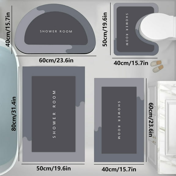 4-Piece Bathroom Mat Set, Large Size Polyester, Super Absorbent, Machine Washable, Non-Slip, Black, Modern Design for Home/Hotel, Includes Bath Mat, Contour Rug, Lid Cover, U-Shaped Toilet Mat