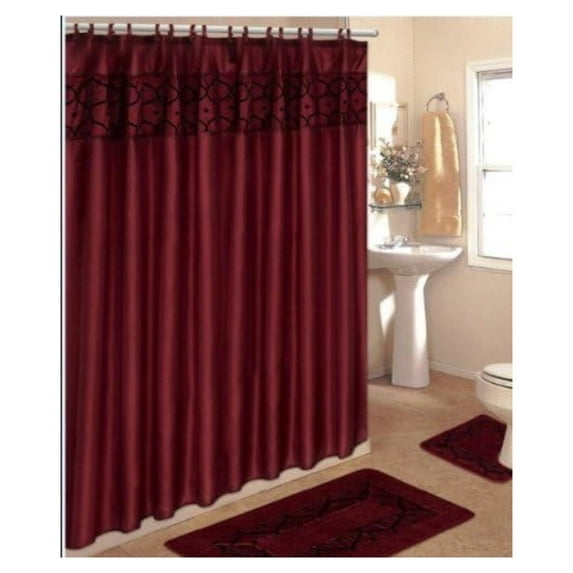 4 Piece Bathroom Rug Set/ 2 Piece Burgundy Flocking Bath Rugs with Fabric Shower Curtain and Matching Mat/Rings