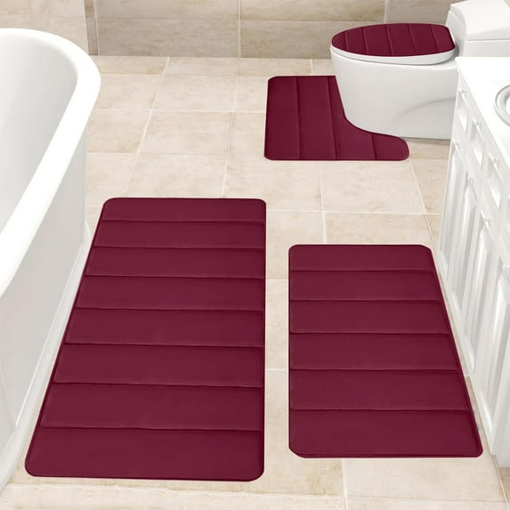 4 Piece Bathroom Rug Set - Coral Fleece Bath Mats With Memory Foam, Absorbent, Non - Slip, Machine Washable For Bathroom Floor, Toilet, Shower Area, Red