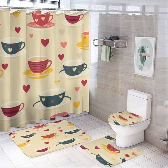 4 Piece Bathroom Rug Set with Shower Curtain Abstract Hearts And Teacups Bathroom Sets with Shower Curtain And Rugs 4 Piece Cafe Hot And Fresh Bathroom Decor Sets for Bathtub Decor 72inch X 72inch