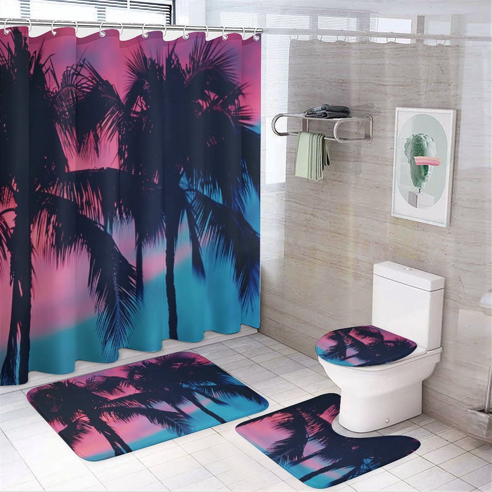 4 Piece Bathroom Rug Set with Shower Curtain Bathroom Sets with Curtain,Rug,Toilet Cover and U Shaped Mat Palm Trees in Pink Sky Bathroom Decor Shower Summer Tropical Palm Trees