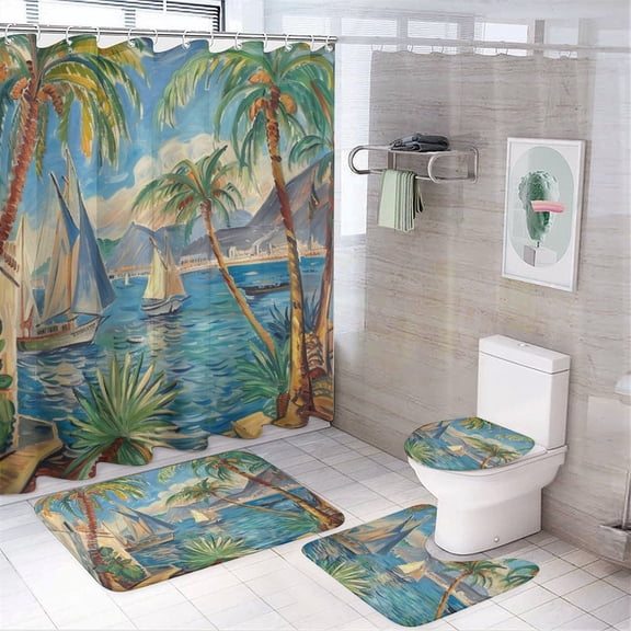 4 Piece Bathroom Rug Set with Shower Curtain Bathroom Sets with Curtain Rug Toilet Cover And U Shaped Mat Sails Off A Sea Shore And Palm Trees Oil Painting Design Nautical Sailing