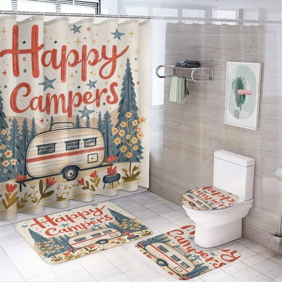 4 Piece Bathroom Rug Set with Shower Curtain Bathroom Shower Curtain Set with Rugs Happy Campers Durable And Waterproof Camper Trailer Campfire for Bathroom Decor