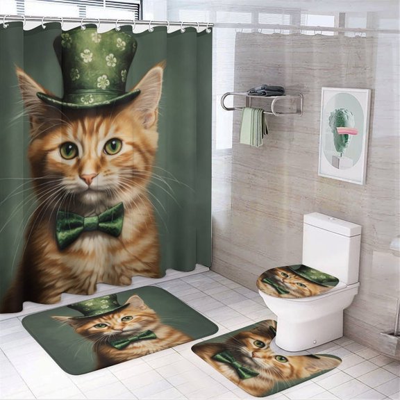 4 Piece Bathroom Rug Set with Shower Curtain Cat St Patrick Holiday Print with Rugs Include Waterproof Shower Curtain Non-Slip Rug Toilet Lid Cover Bath Mat St Patricks Day Decor Shamrock 12 Hooks