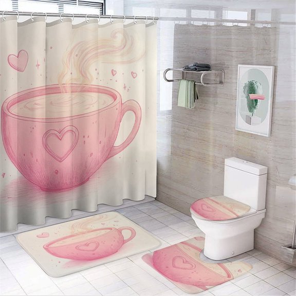 4 Piece Bathroom Rug Set with Shower Curtain Cute Funny Coffee Cup with Non-Slip Rugs Toilet Lid Cover And Bath Mat Coffee Decorative 12 Plastic Hooks for Bathroom Decor 72inch X 72inch