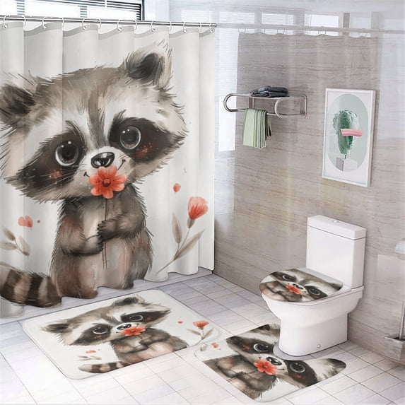 4 Piece Bathroom Rug Set with Shower Curtain Cute Raccoon Holding A Flower with Non-Slip Rugs Toilet Lid Cover And Bath Mat Bathroom Decor Set Raccoon with Flower Cute Animal 12 Plastic Hooks