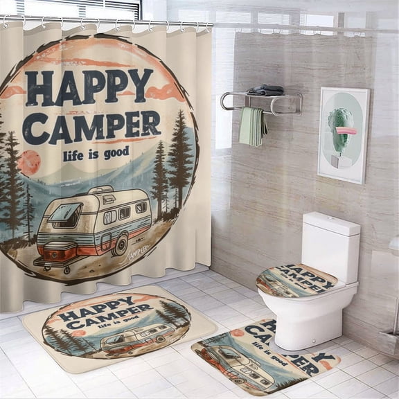 4 Piece Bathroom Rug Set with Shower Curtain Happy Camper Life Is Good with Non-Slip Rugs, Toilet Lid Cover and Bath Mat Camper Trailer Campfire Bathroom Accessories Set Decor with 12 Hooks