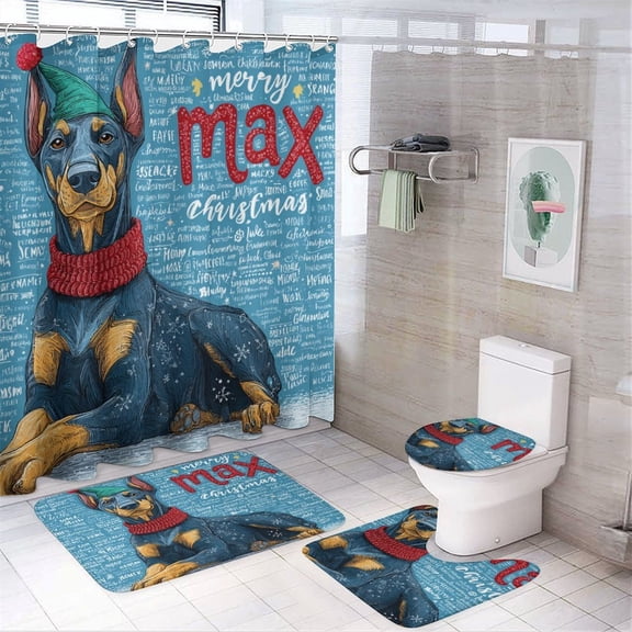 4 Piece Bathroom Rug Set with Shower Curtain Merry Christmas Cute Doberman Dog with Rugs Toilet Lid Cover And Bath Mat Custom Name Bathroom Decor Set with Accessories for Bathroom Decor