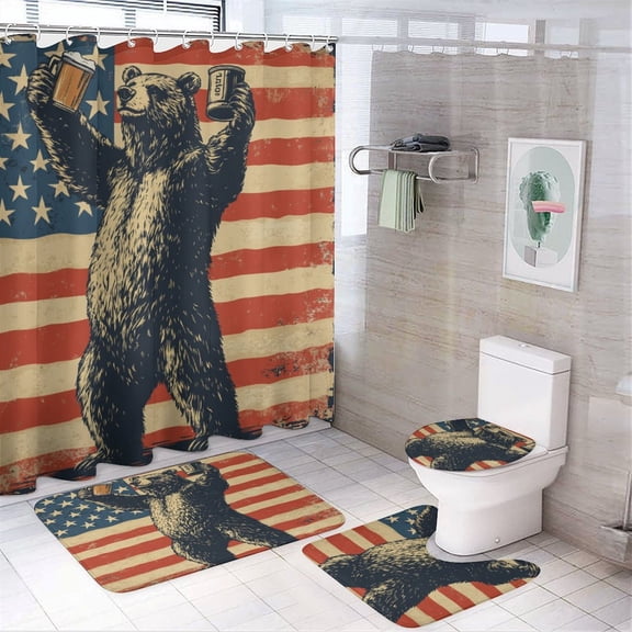 4 Piece Bathroom Rug Set with Shower Curtain with Non-Slip Rugs Toilet Lid Cover And Bath Mat Happy Camper Bear with American Flag Waterproof Shower Curtain Wild Bear American Flag for Bathtub Decor