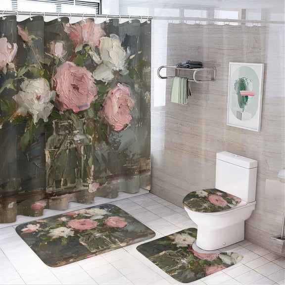 4 Piece Bathroom Rug Set with Shower Curtain with Non-Slip Rugs Toilet Lid Cover And Bath Mat Roses Vintage Botanical Bath Curtain Vintage Rose Lavender Flower Elegant Shabby Euro Oil Painting