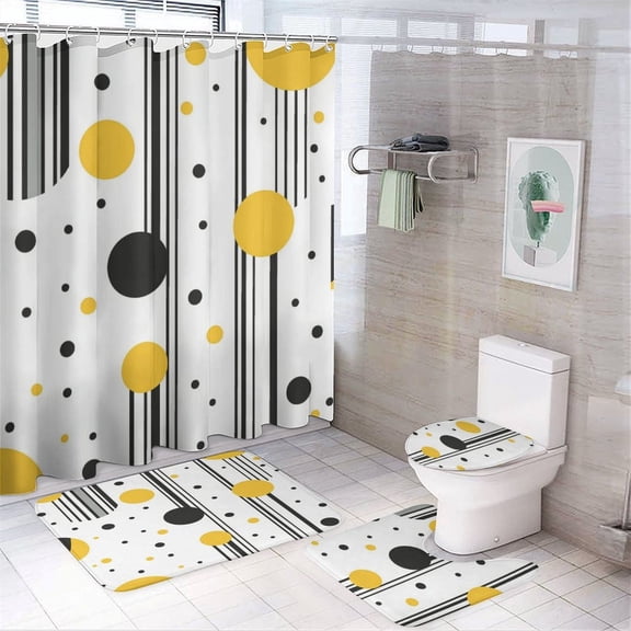 4 Piece Bathroom Rug Set with Shower Curtain with Non-Slip Rugs Toilet Lid Cover And Bath Mat Yellow And Black Dots Stripes Geometric Durable And Waterproof Geometric Circle Pattern