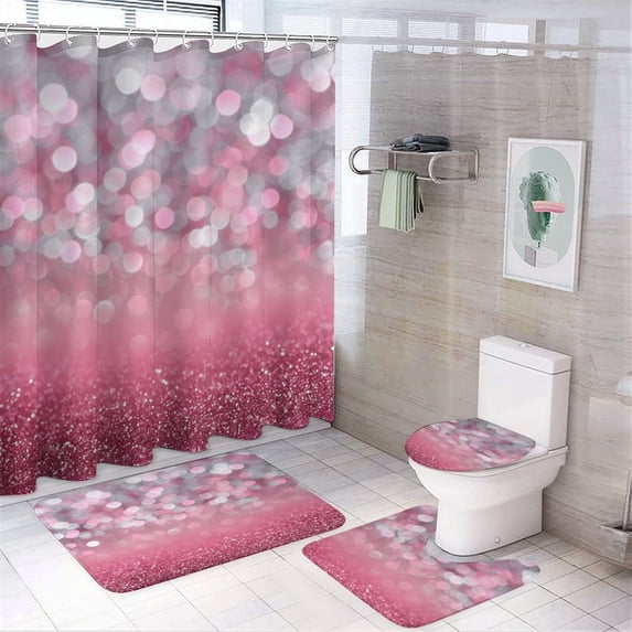 4 Piece Bathroom Rug Set with Shower Curtain Pink And Silver Glitter Print (No Glitter) Shower Curtain And Rugs Shower Curtain Set Luxury Colorful Bathroom Shower Curtains Sets for Bathroom Decor