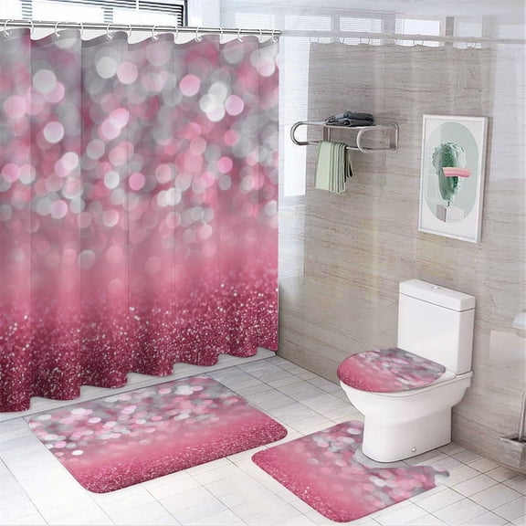 4 Piece Bathroom Rug Set with Shower Curtain Pink And Silver Glitter Print (No Glitter) Shower Curtain And Rugs Shower Curtain Set Luxury Colorful Bathroom Shower Curtains Sets for Bathroom Decor