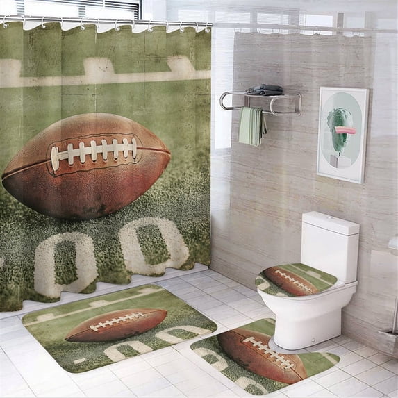 4 Piece Bathroom Rug Set with Shower Curtain Play Ground American Football Non-Slip Rugs And Toilet Mat Lid Rug Accessories American Football Farmhouse Bathroom Shower Set for Bathroom Decor Set