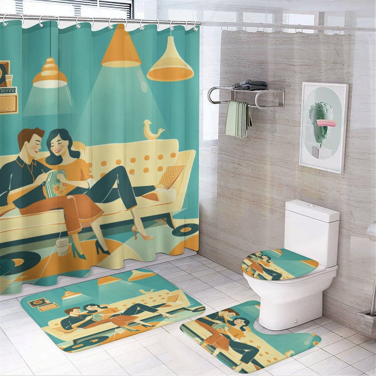 Curtain Rug 4 Piece Bathroom Rug Set with Shower Curtain Retro Style Illustration ...
