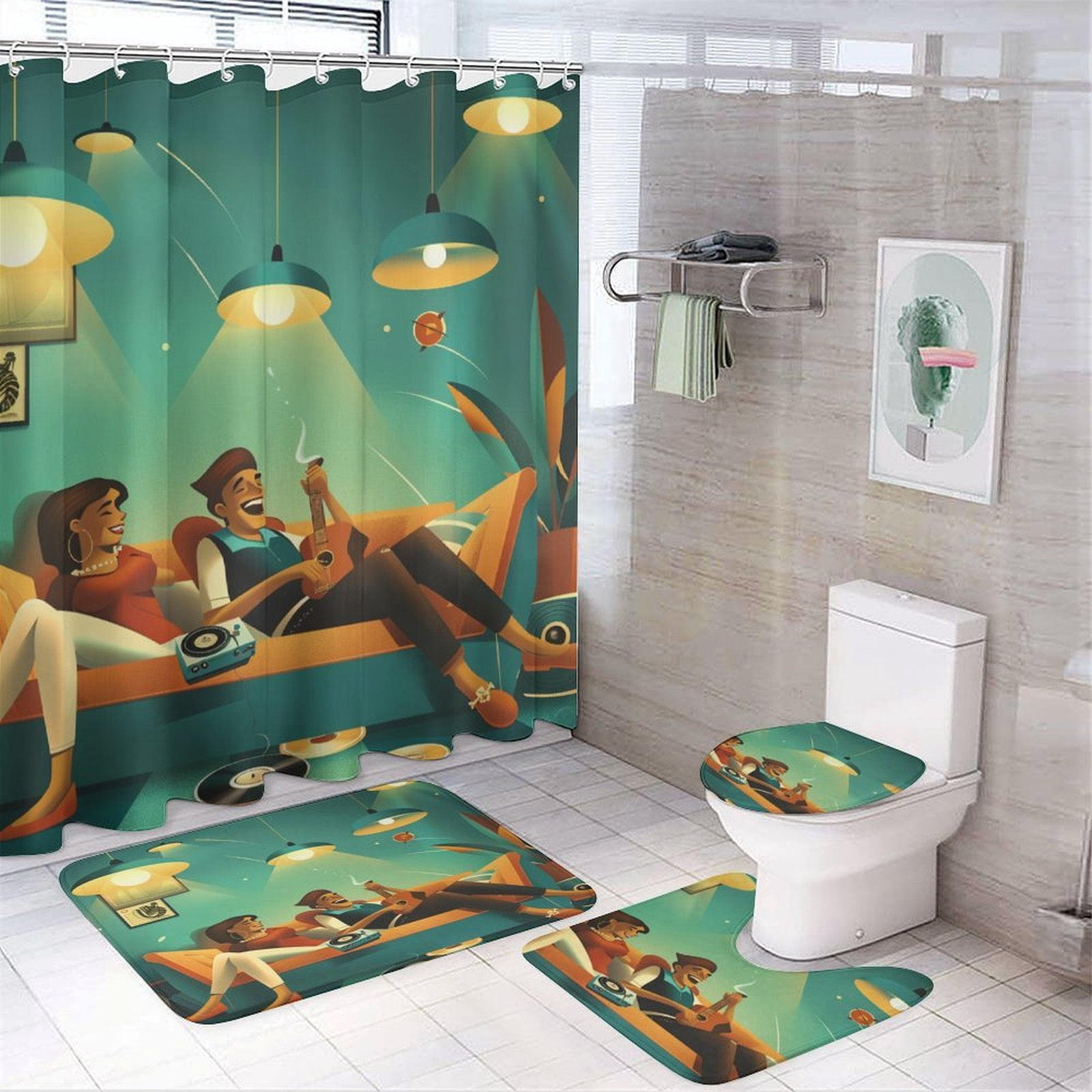 Friends Rug On Set 4 Piece Bathroom Rug Set with Shower Curtain Retro Style Illustration ...