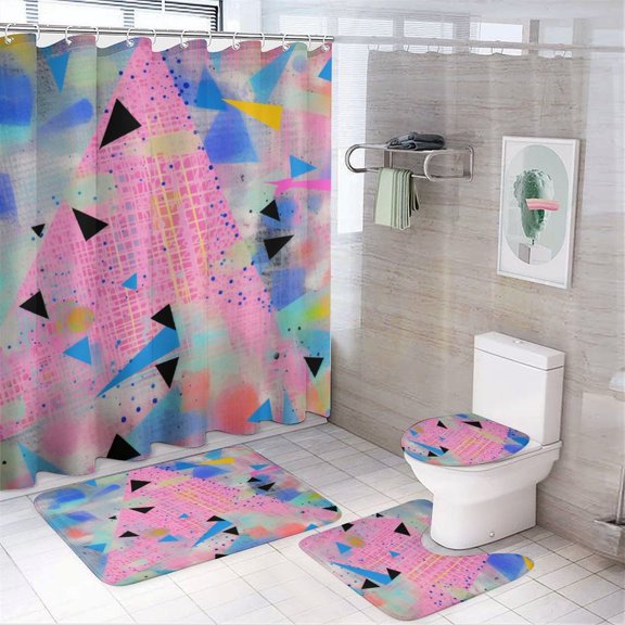 4 Piece Bathroom Rug Set with Shower Curtain Rug Toilet Lid Cover And Non-Slip U Shape Mat Abstract Colorful Triangles Pink Black Waterproof Durable Bathroom Decor Shower Abstract Striped Graphic