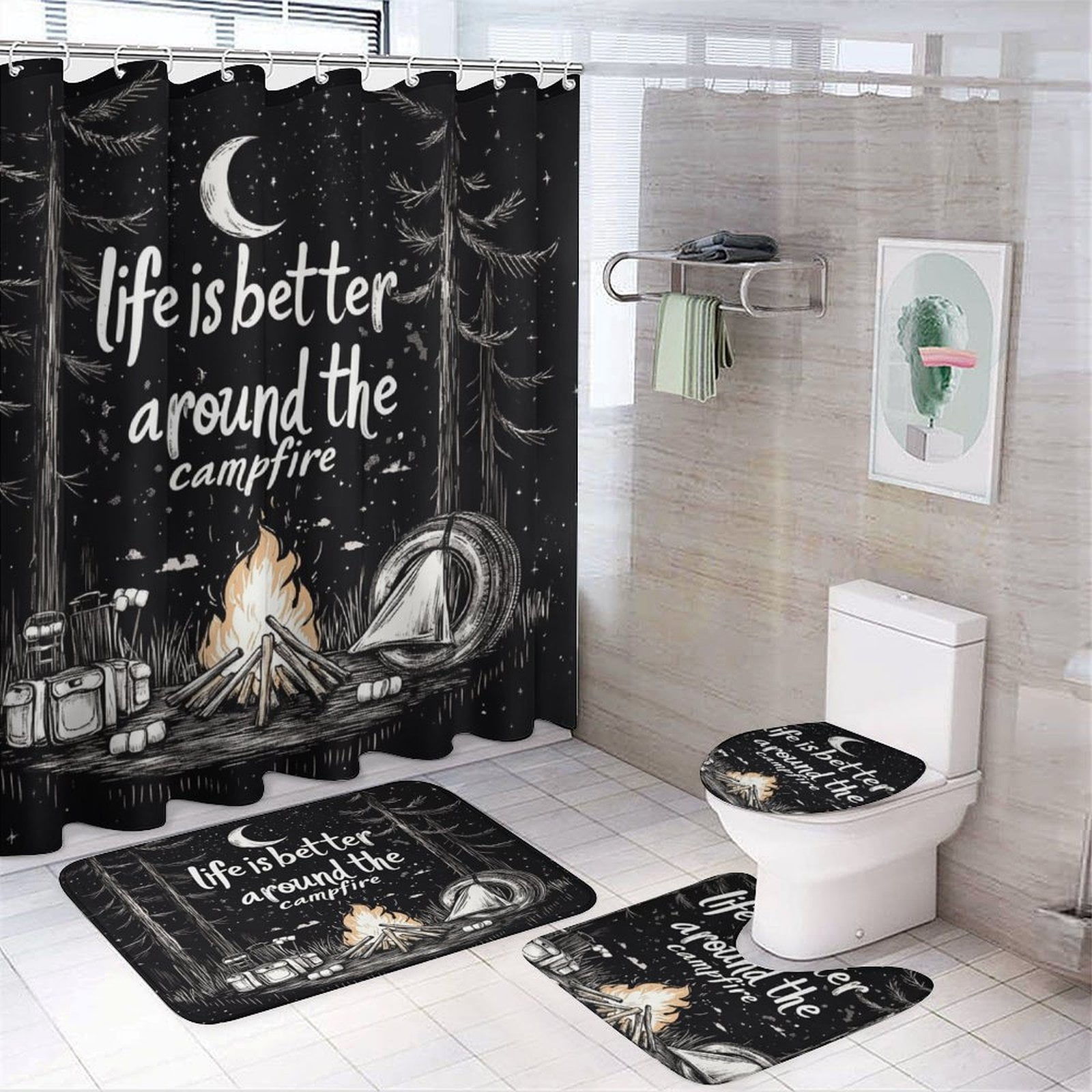 4 Piece Bathroom Rug Set with Shower Curtain Rug Toilet Lid Cover And Non-Slip U Shape Mat Life Is Better Around The Campfire Waterproof Fabric Bath Curtain Campfire Woodcut Adventure