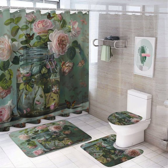 4 Piece Bathroom Rug Set with Shower Curtain with Rugs Include Waterproof Shower Curtain Non-Slip Rug Toilet Lid Cover Bath Mat Jar with Fresh Roses And Butterflies Pink Blooming Romantic Roses